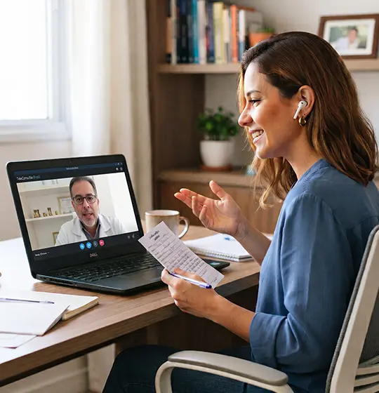 Paciente em consulta online por videochamada para solicitar laudo médico